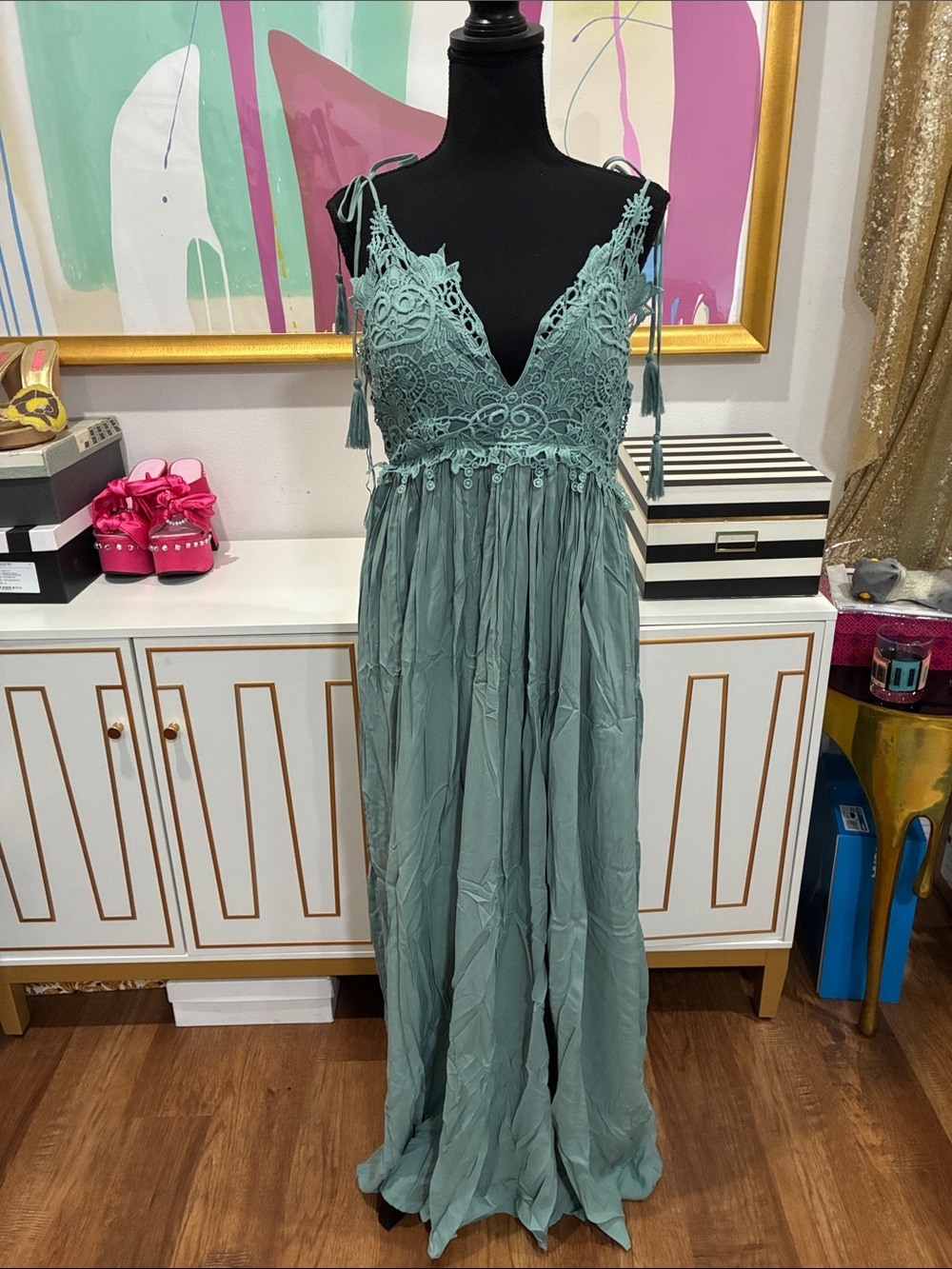 Sage Green Lace Bodice Maxi Dress with Tie Straps
